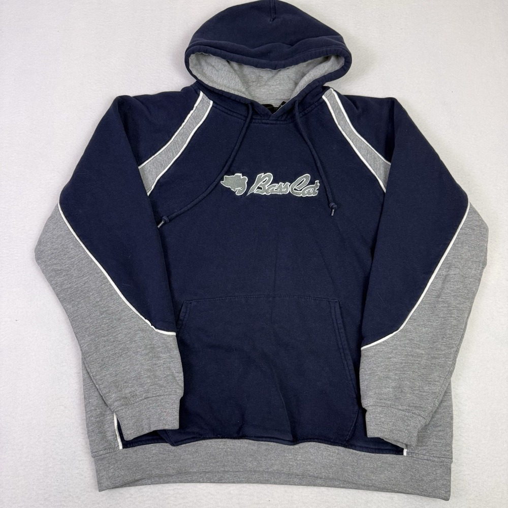 VTG Holloway Bass Cat Hoodie Y2K Streetwear Fishing Navy Gray Colorblock‎ L